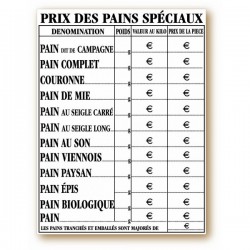 Panneau tarif "Prix du pain spéciaux"